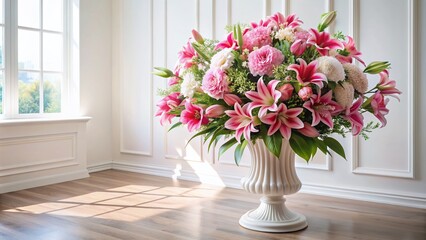 Fototapeta premium Beautiful big bouquet of fresh pink flowers arranged on a pedestal in a bright room with vase of white lilies and plenty of copy space.