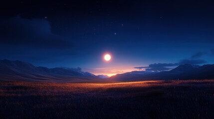 A breathtaking twilight landscape featuring a glowing moon over distant mountains and calming fields, embodying tranquility and beauty.