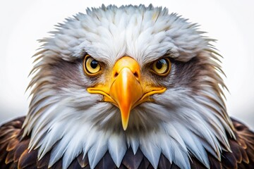 Obraz premium Majestic eagle's head with piercing eyes and sharp talons takes center stage against a pristine white background, exuding power, courage, and unrestricted liberty.