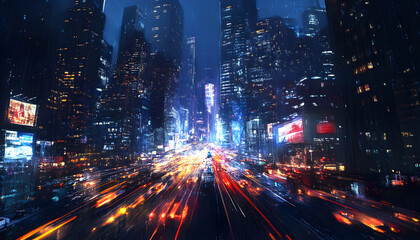 Obraz premium A bustling city at night, with skyscrapers illuminated and traffic creating streaks of light