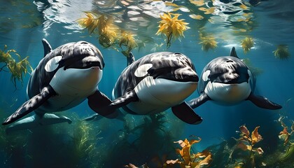 Graceful orcas gliding through vibrant underwater vegetation, celebrating the beauty of oceanic wildlife in their natural habitat