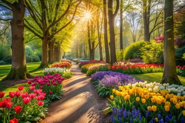 Obraz premium Vibrant spring flowers bloom along a serene park path, surrounded by lush greenery, warmly lit by the soft sunlight filtering through the trees.