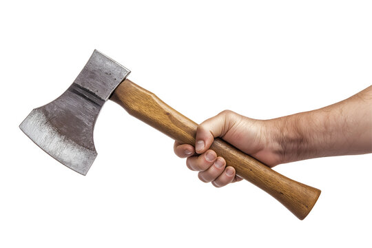 close-up photo of a hand gripping a traditional wood chopping axe with a polished wooden handle and worn metal blade, symbolizing strength, manual labor, and outdoor activities on an isolated backgrou