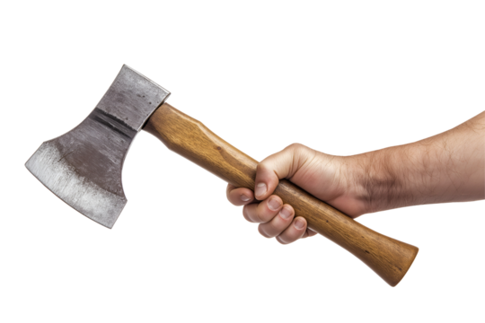 close-up photo of a hand gripping a traditional wood chopping axe with a polished wooden handle and worn metal blade, symbolizing strength, manual labor, and outdoor activities on an isolated backgrou