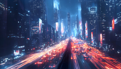 Obraz premium A bustling city at night, with skyscrapers illuminated and traffic creating streaks of light