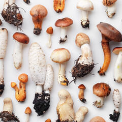 Different inedible wild mushrooms on white as trend minimal pattern. Aesthetic top view photo, autumn season still life of forest toadstools, fungus, vivid earth color, wild foods, natural beauty.