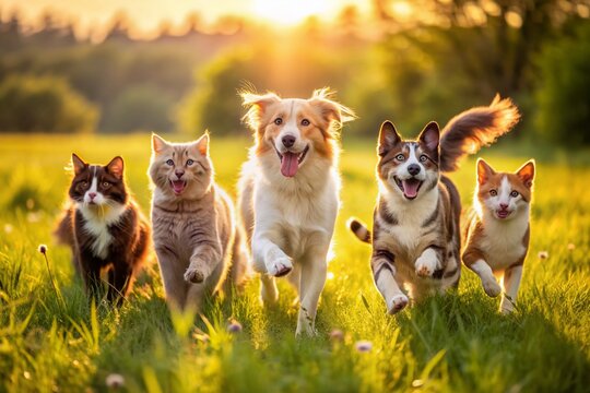 Playful dogs and cats run freely together in a sunny green field, their joyful energy and happy faces capturing the carefree essence of outdoor friendship.