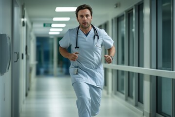 Fototapeta premium A healthcare professional in scrubs hurries down a hospital hallway, highlighting the urgency of a medical emergency during a late-night duty