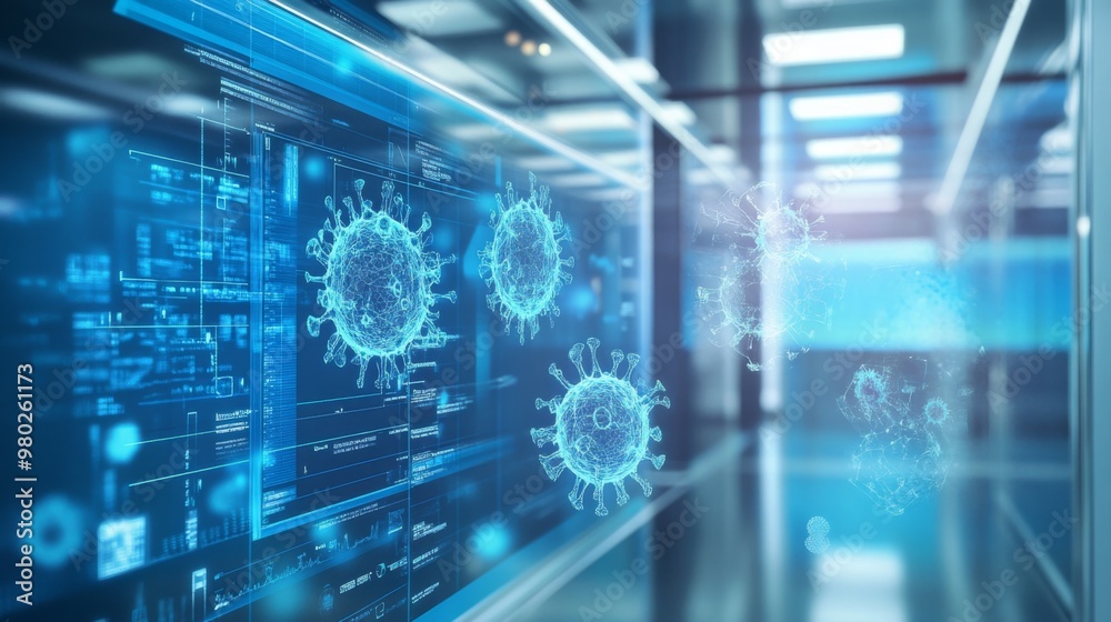 Poster A scientific environment showcases intricate virus structures displayed on transparent screens, with vibrant digital interfaces illuminating the laboratory