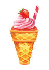 Ice cream with fresh strawberry topping and wafer stick in a waffle cone. Vector cartoon illustration