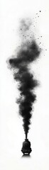 A vintage steam engine emitting dark smoke on a white background, creating a dramatic and artistic contrast.
