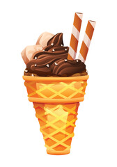 Chocolate ice cream in a waffle cone, topped with marshmallows and wafer sticks. Vector cartoon illustration