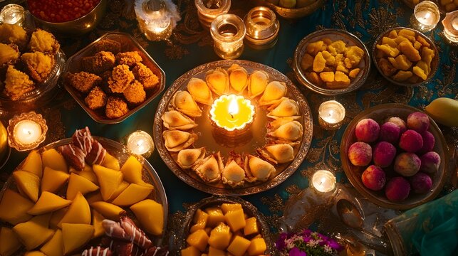 A table setting with lit candles, sweets, and fruit.