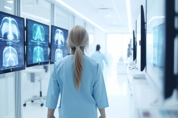 Obraz premium A healthcare worker in light blue scrubs walks through a sleek medical facility, observing multiple lung X-ray images on large screens along the corridor