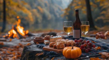 Wine, cheese, grapes and pumpkin on a stone against the background of a fire in the autumn forest with space for text, created with Generative AI technology