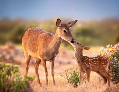 Madre de venado, lame cari&ntilde;osamente a su hijo venado reci&eacute;n nacido.