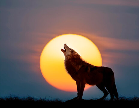 Lobo aullando en el atardecer con el sol grande y redondo.