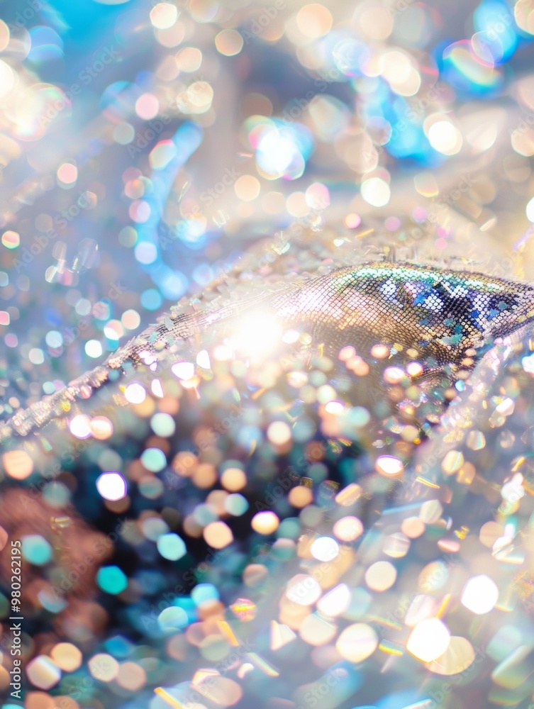 Poster vibrant close-up of holographic sequin fabric with bokeh effects