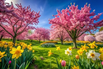 Vibrant pink cherry blossoms and yellow daffodils burst with color against a bright blue sky, filling a lush green garden with warmth and beauty.