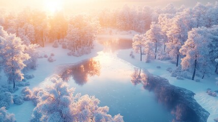 Fototapeta premium Frost-covered forest with frozen lakes, aerial perspective, illuminated by a pale winter sunrise, futuristic style with holographic reflections on the ice, high-definition 3D rendering