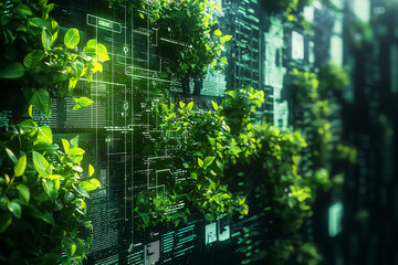 A vibrant green wall featuring lush plants integrated with technology, symbolizing harmony between nature and innovation.
