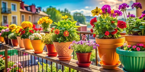 Vibrant flowers in colorful pots adorn a serene balcony, creating a peaceful retreat with a warm atmosphere, perfect for relaxation and outdoor escape.