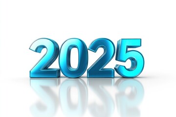 Happy new year "2025" 3D blue text isolated over white background with reflection and shadow. 3D rendering with generative ai