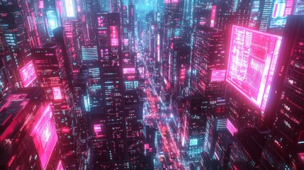 Fototapeta premium Birds-eye view of a neon-lit futuristic cityscape, with sleek modern architecture, floating billboards, and glowing streets filled with autonomous vehicles, Sci-Fi, Digital painting