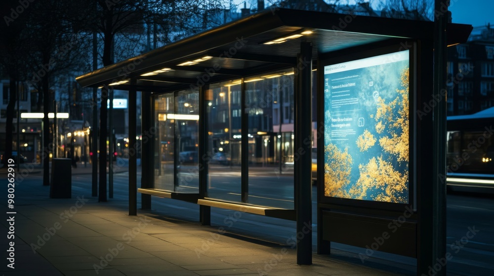 Leinwandbilder a contemporary bus stop is illuminated at dusk, showcasing an electronic display with transit inform