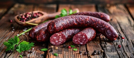 Pile Of Delicious Blood Sausages On Wooden Background