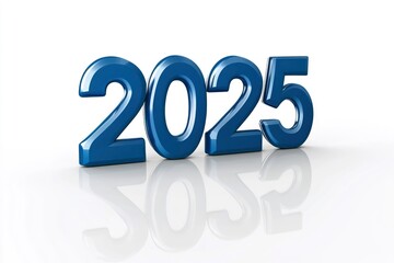 Happy new year "2025" 3D blue text isolated over white background with reflection and shadow. 3D rendering with generative ai