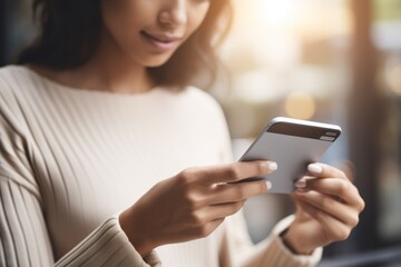Fototapeta premium A young woman engages with her smartphone, focused on the screen while sitting in a cozy café filled with warm sunlight. The moment captures her concentration and the relaxed ambiance