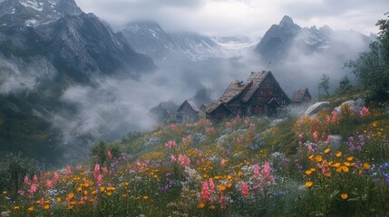 Fototapeta premium Tiny village in the mountains, hidden in dense fog, surreal atmosphere with muted colors, vibrant wildflowers peeking through, cinematic lighting, 3D render