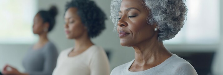 Mental health-focused meditation by African American seniors at a retreat.