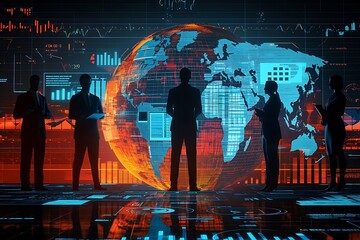 Technical 3D illustration of data analytics emphasizing global business decisions.