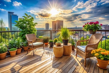 Beautiful balcony or terrace with chairs, natural material decorations and green potted flowers plants. Sunny stylish balcony home terrace with city background
