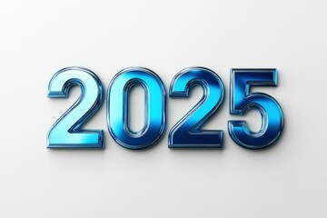 Happy new year "2025" 3D blue text isolated over white background with reflection and shadow. 3D rendering with generative ai