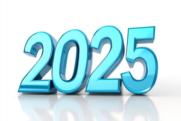 Happy new year "2025" 3D blue text isolated over white background with reflection and shadow. 3D rendering with generative ai