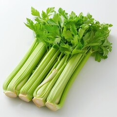 A bunch of freshly sliced celery and parsley, with leaves attached for garnishing.