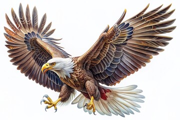 Fototapeta premium Intricate illustration of a majestic bald eagle in mid-flight with intricately detailed feathers and strong anatomy against a pristine white background.