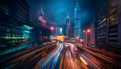 Fototapeta premium A bustling city at night, with skyscrapers illuminated and traffic creating streaks of light