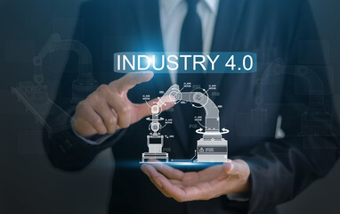 Industry 4.0 concept with automation technology and robotics, digital transformation in manufacturing, smart factory, internet of things (iot), ai integration, advanced production line and innovation