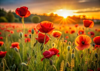 Obraz premium Vibrant red poppy flowers sway gently in a golden sunset-lit field, surrounded by lush green grass and warm light, evoking a serene natural ambiance.