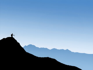 Conceptual business man silhouette on top of a mountain with a blue sky background