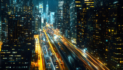 Obraz premium A bustling city at night, with skyscrapers illuminated and traffic creating streaks of light