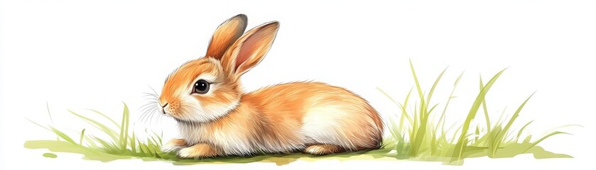 Obraz premium A cute, fluffy rabbit resting in green grass, showcasing vibrant colors and a serene environment, perfect for nature lovers.