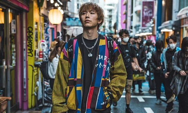 A young Japanese fashion enthusiast in Harajuku, wearing a mix of streetwear against a backdrop of colorful shops, graffiti and crowds. The atmosphere is lively and bold. 
