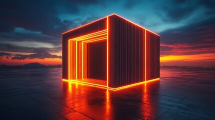 Futuristic cube home, horizontal wooden slats, glowing neon lighting, urban setting, warm modern architecture, 3D render, high contrast