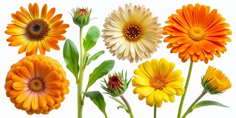 calendula flower set png. calendula flower isolated. calendula top view. calendula flat lay png. orange flower isolated. orange flowers png. colourful flowers pack png