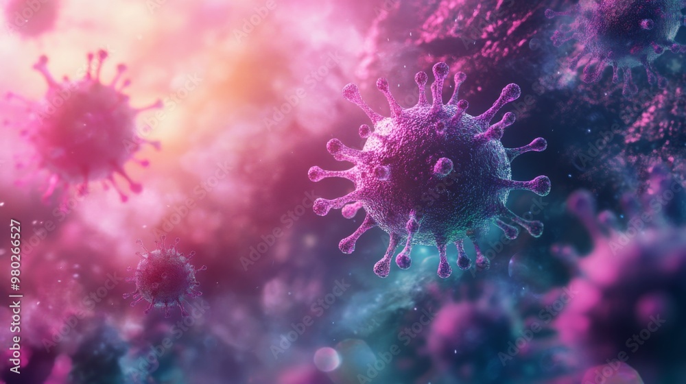 Fototapete a vivid representation of viruses showcases their intricate structures in a colorful digital environ